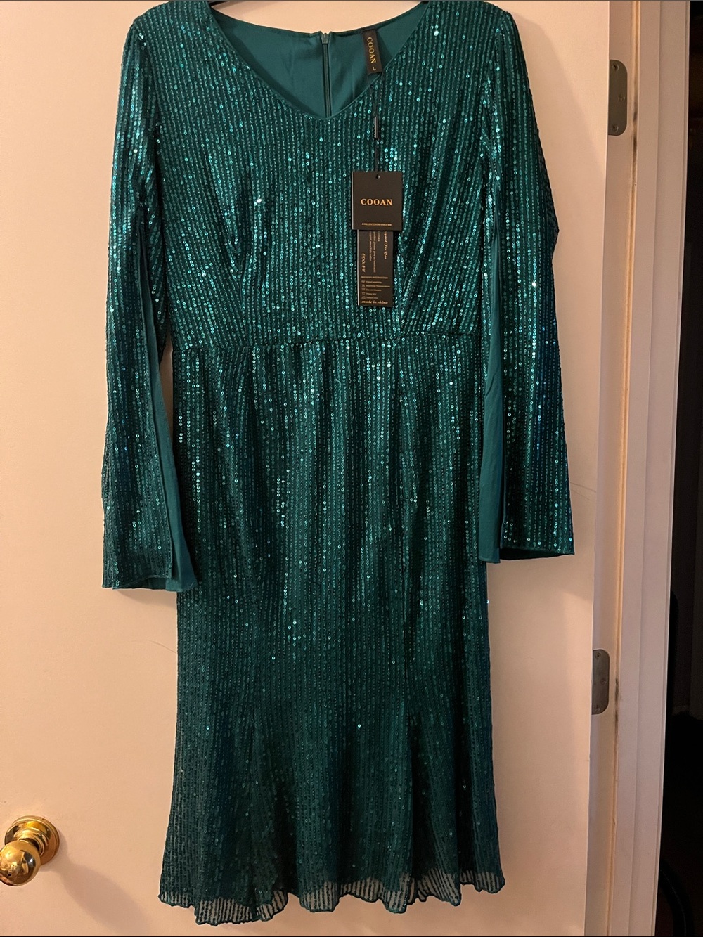 Teal Sequin Long-Sleeve V-Neck Dress